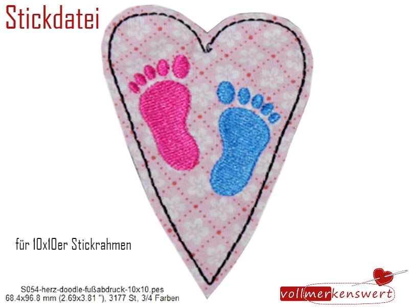 Stickdatei Babyfüße im Doodle-Herz für den 10x10cm Stickrahmen S054